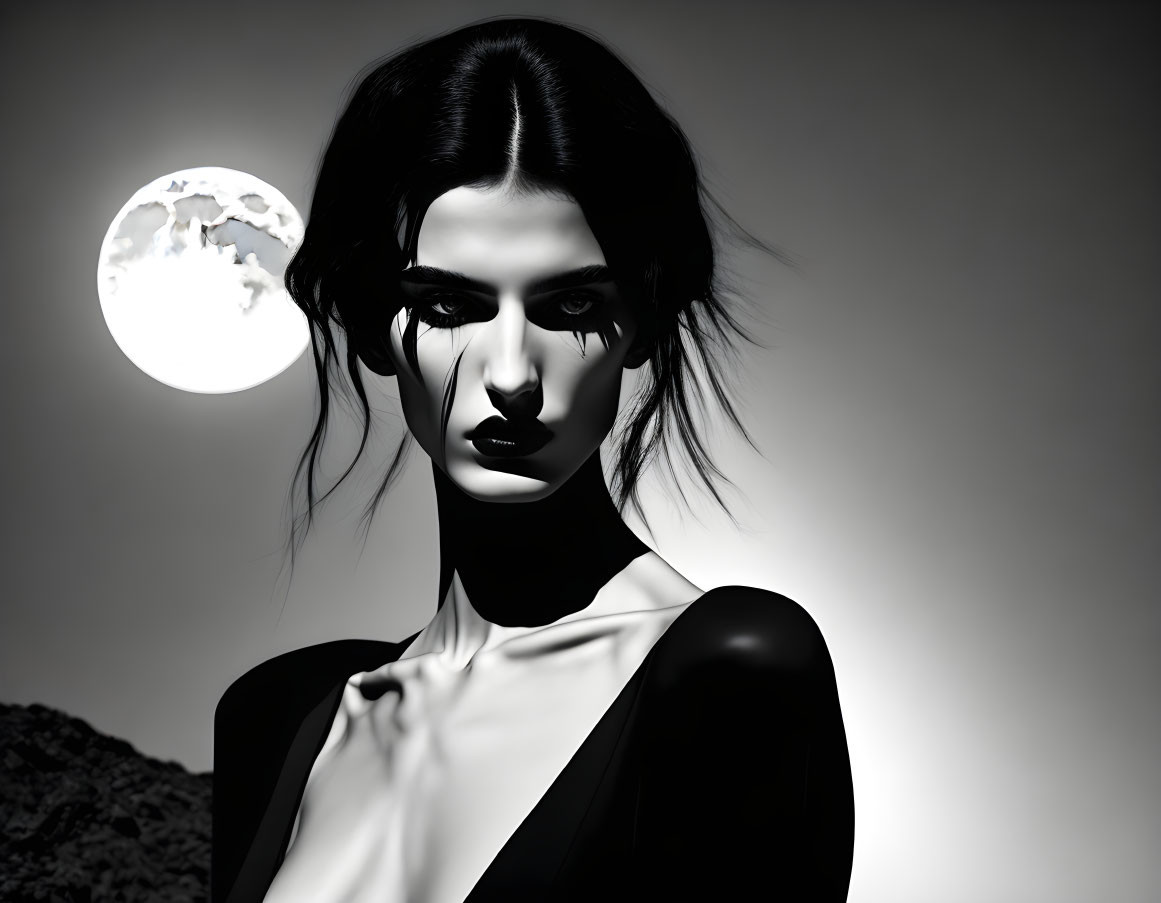 Monochrome image: Woman with intense gaze, dark hair, elegant attire, under full moon.