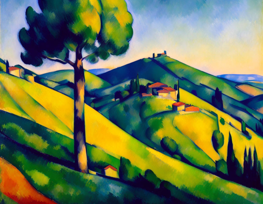 Colorful landscape painting: rolling hills, green trees, yellow fields, houses, blue sky