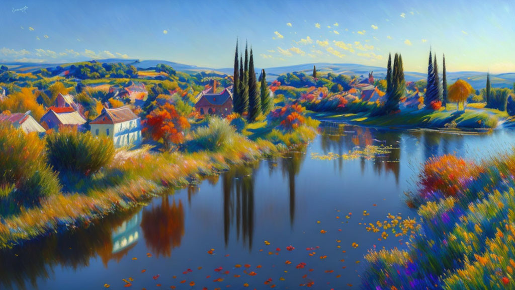 Tranquil autumn village scene by calm river