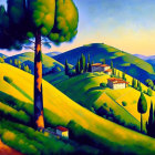 Colorful landscape painting: rolling hills, green trees, yellow fields, houses, blue sky