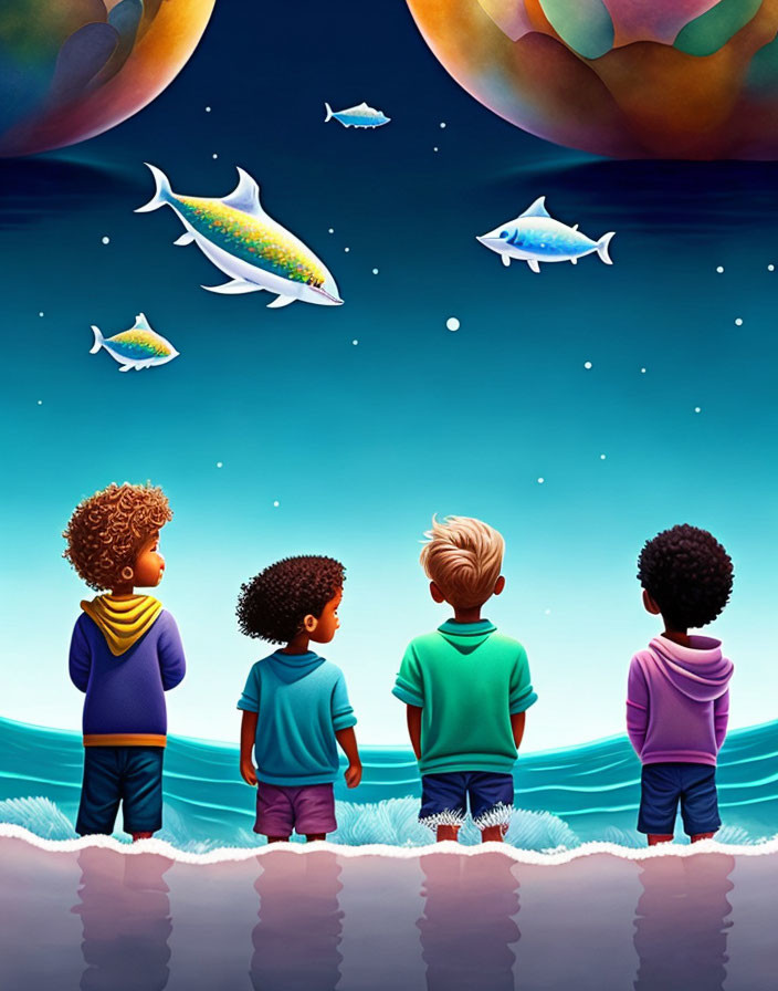 Four children gazing at surreal ocean with floating fish and giant planets