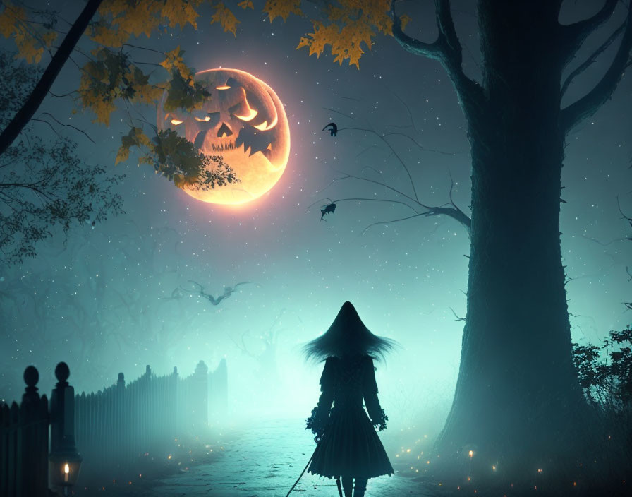 Spooky Halloween Scene with Witch Silhouette and Carved Pumpkin Moon