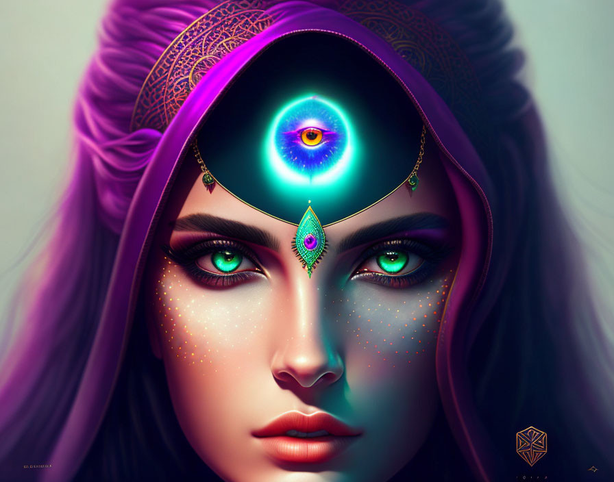 Vibrant purple hair woman with third eye and golden jewelry.