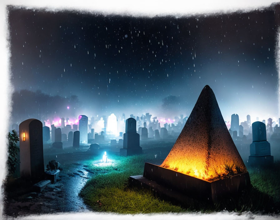 Misty nighttime cemetery with colorful illuminated headstones and pyramid monument