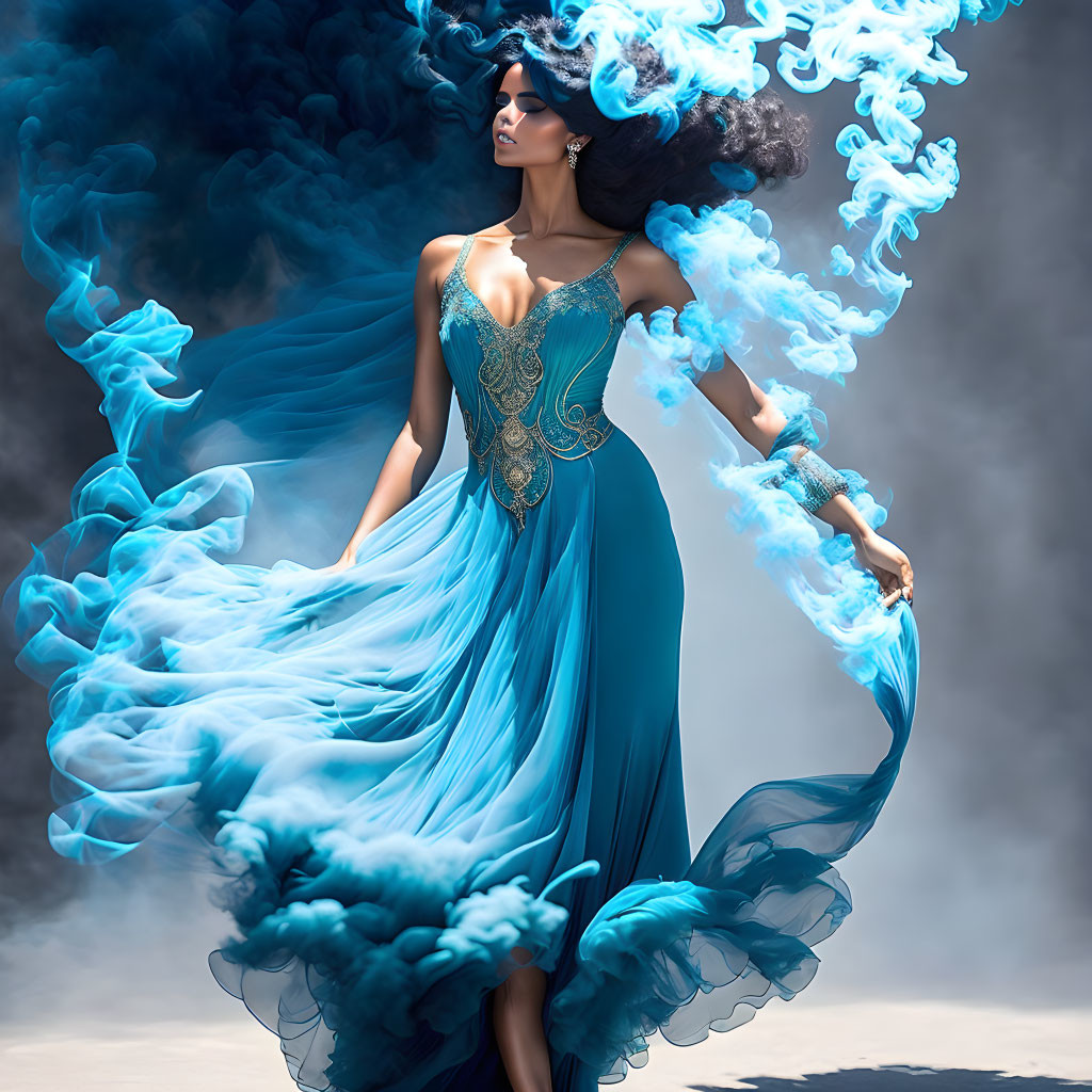 Elegant woman in teal dress with billowing fabric in swirling blue smoke on moody backdrop