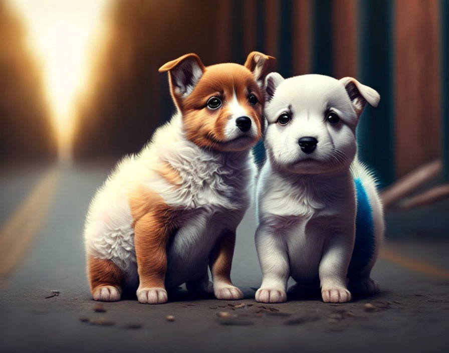 Two Cute Puppies Sitting on Path with Tan and Grey Fur