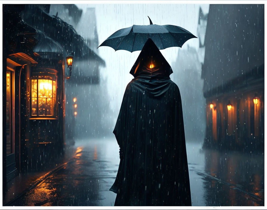 Cloaked figure with umbrella on rainy cobblestone street at night