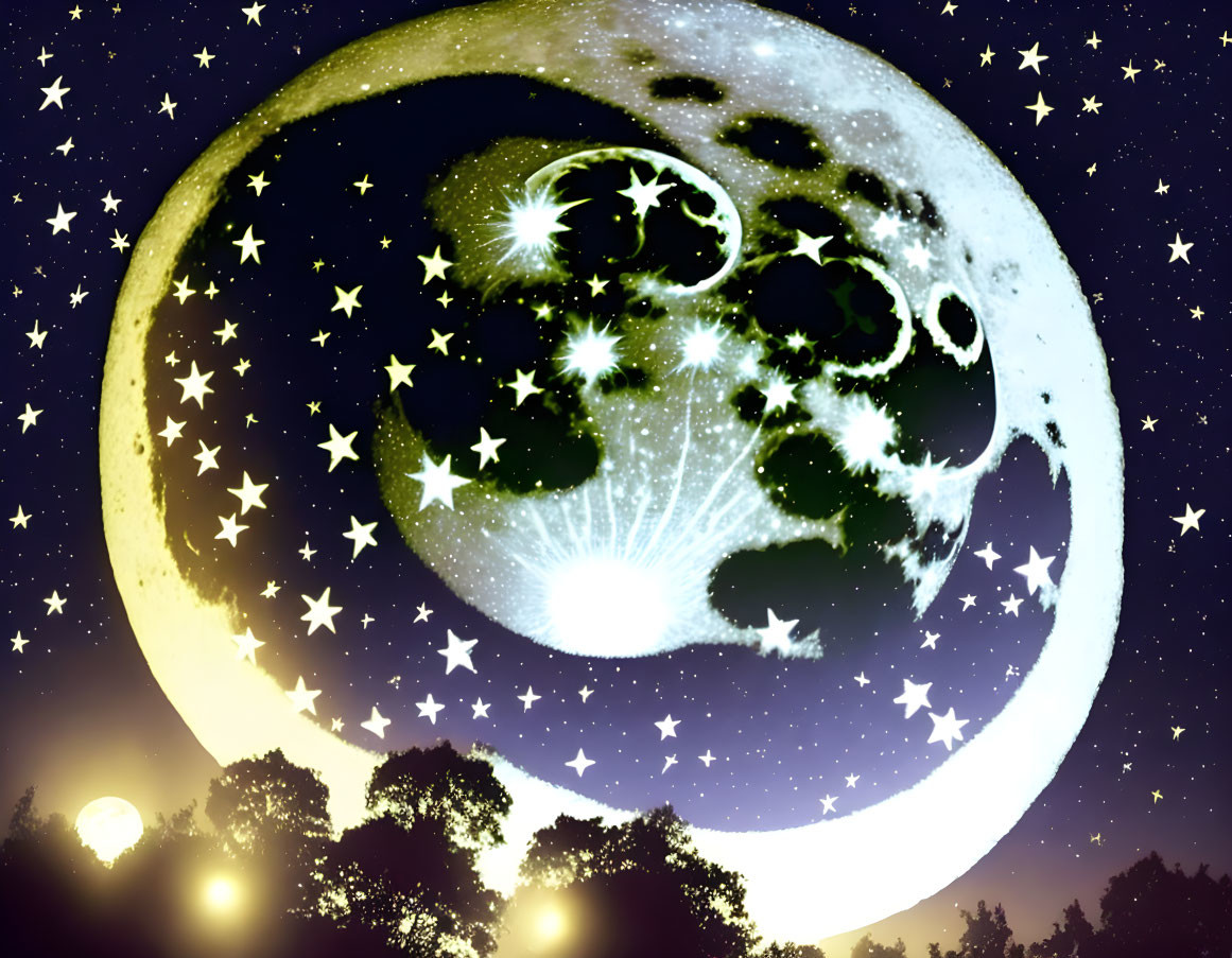 Bright crescent moon in starry sky with tree silhouette