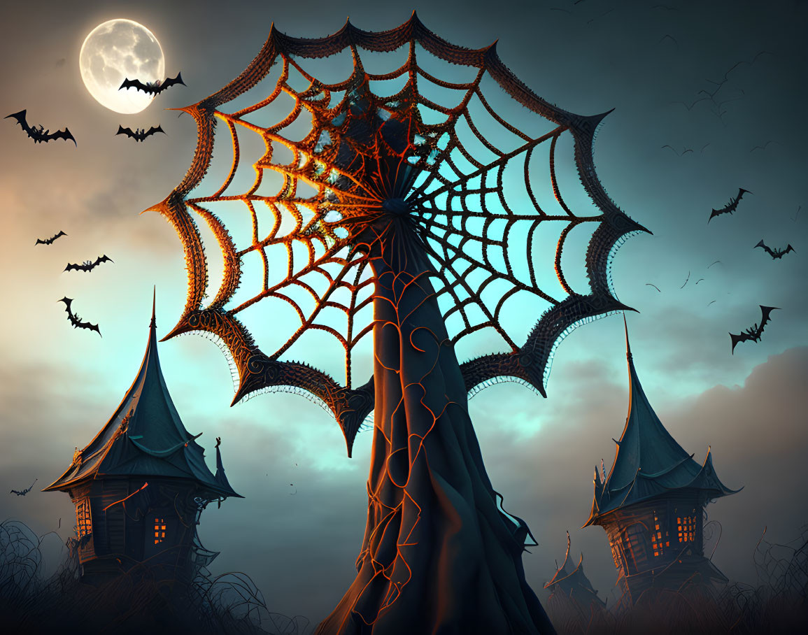 Night scene with giant spider web, small houses, bats, full moon, and eerie glow