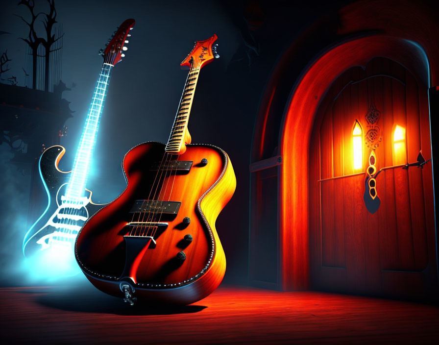 Neon-lit electric guitars in mysterious room with wooden door