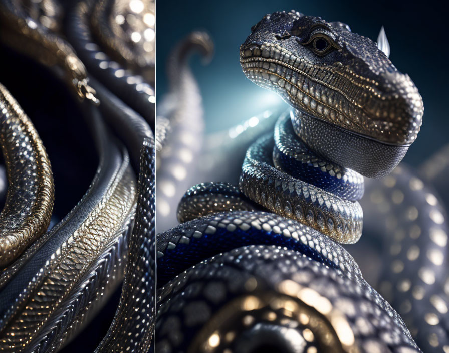 Detailed Close-Up of Metallic-Textured Snake Coiled Against Soft-Focus Background