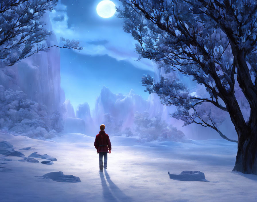 Person in Red Coat Standing in Snowy Landscape Under Full Moon