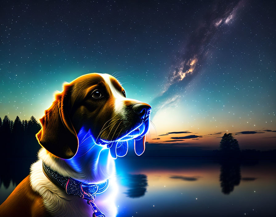 Glowing blue outlined dog under starry sky by serene lake