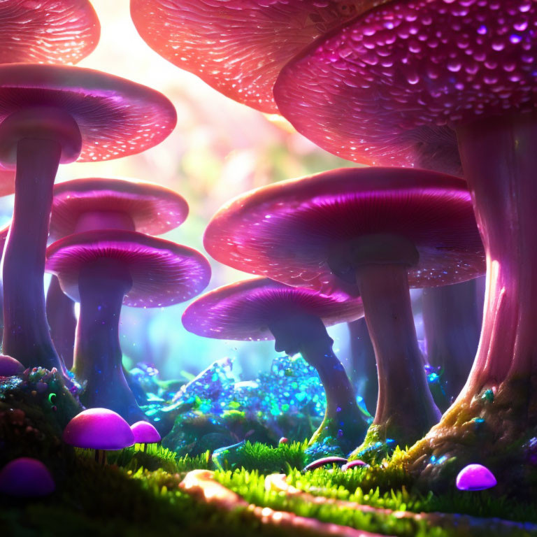 Vibrant pink and purple oversized mushrooms in enchanted forest scene