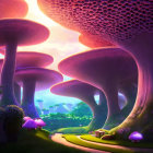 Vibrant pink and purple oversized mushrooms in enchanted forest scene