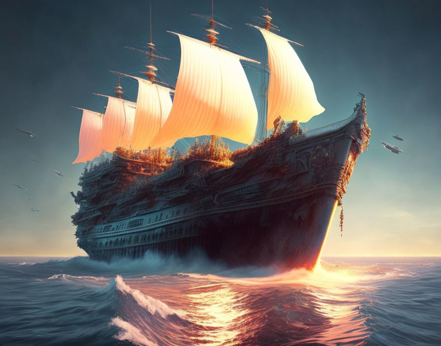 Fantastical illuminated ship sailing at sunset with flying birds