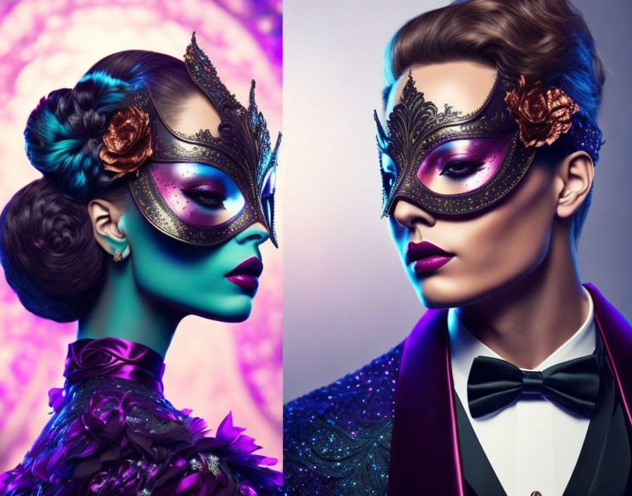 Elegant masquerade attire: two models in detailed masks and formal wear on vibrant backdrop