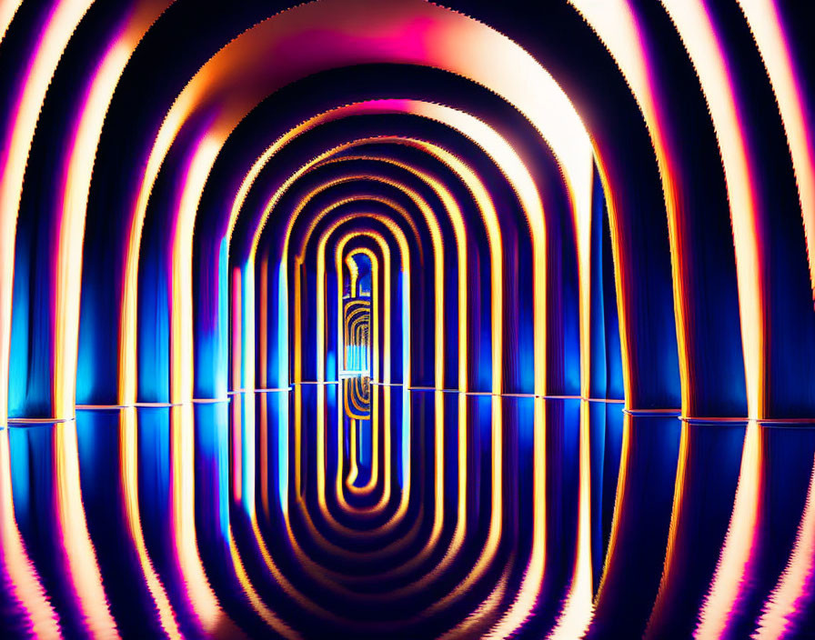 Symmetrical neon light patterns in blue, purple, and orange hues in a glossy tunnel.