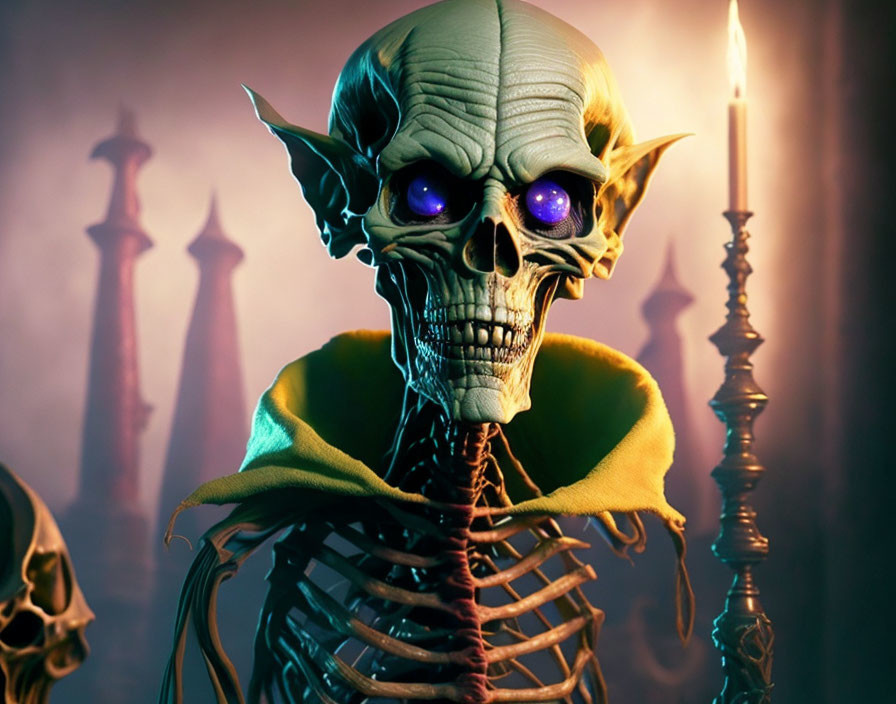 Digital illustration: Skeletal figure with glowing purple eyes, yellow cape, candlesticks, dark castle backdrop