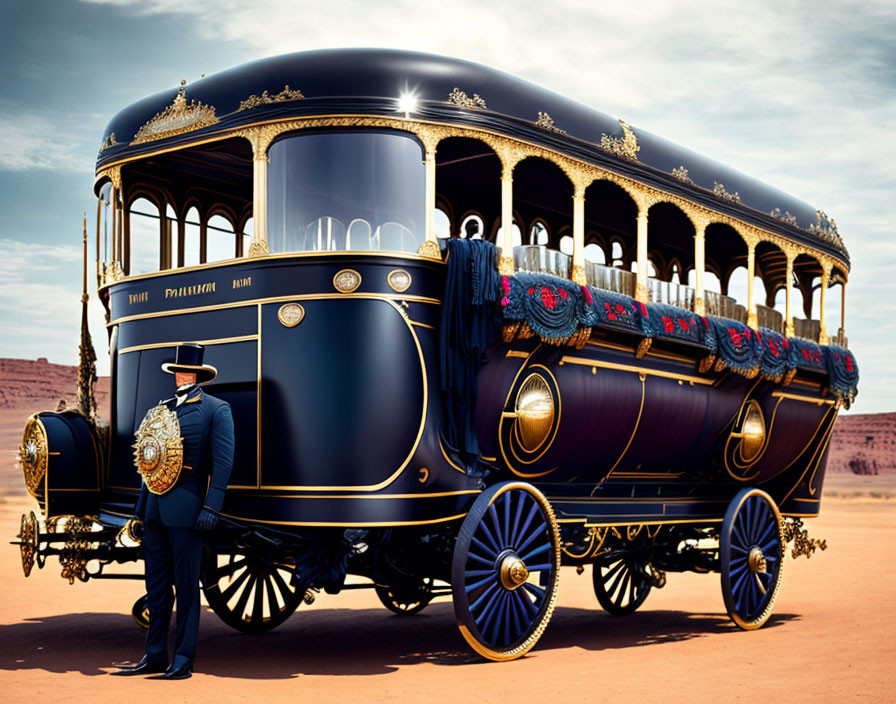 Vintage-Style Bus with Uniformed Driver in Desert Setting