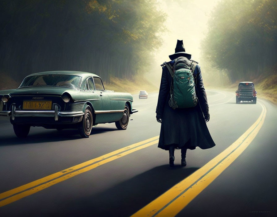 Person in Long Coat and Hat Walking on Foggy Road with Classic and Modern Cars