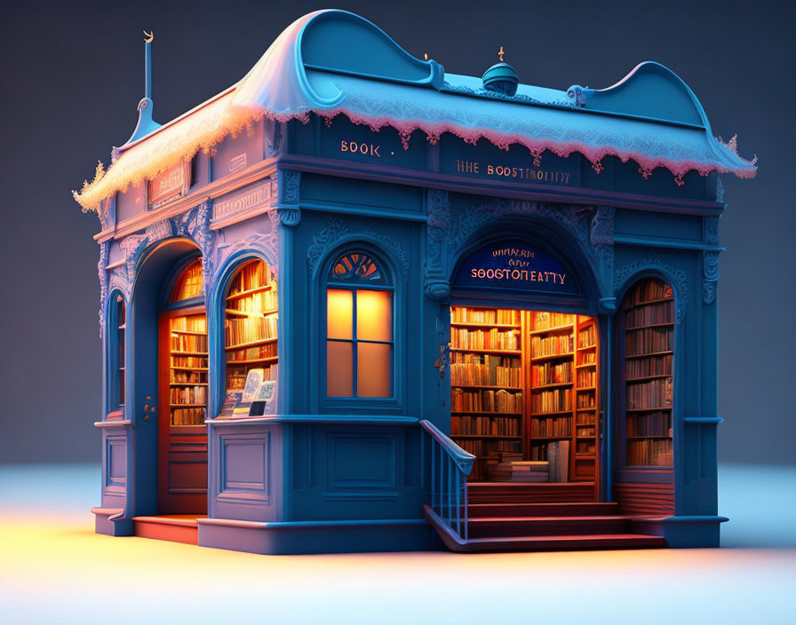 Snow-covered bookstore in 3D with cozy glow.