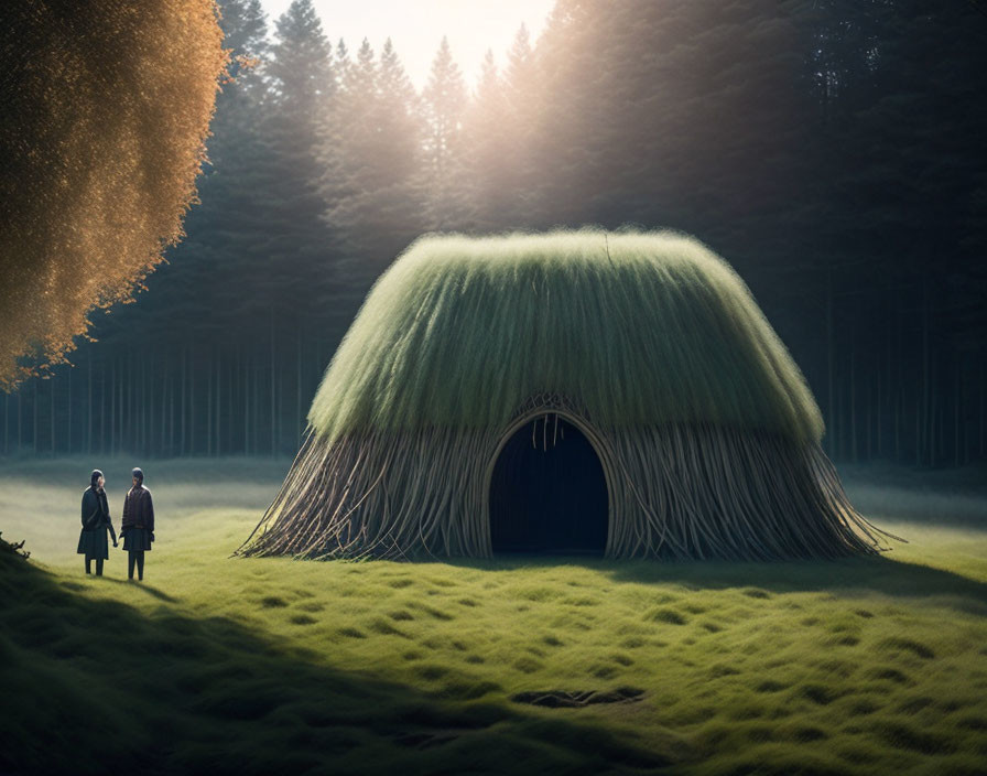 Two people in front of large thatched building in mystical forest clearing.