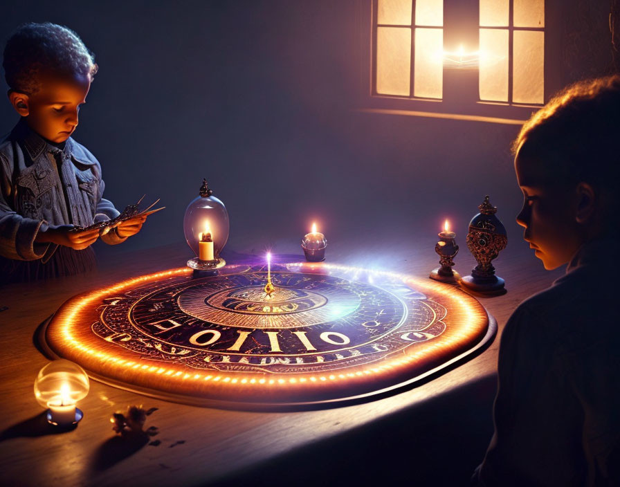 Children in mystical setting with glowing ouija board and candles