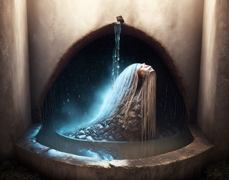 Long-haired woman reclining in stone basin under flowing water spout in mystical scene