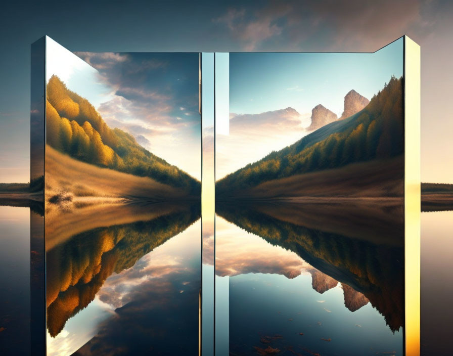 Surreal three-dimensional landscape reflection in open book shape