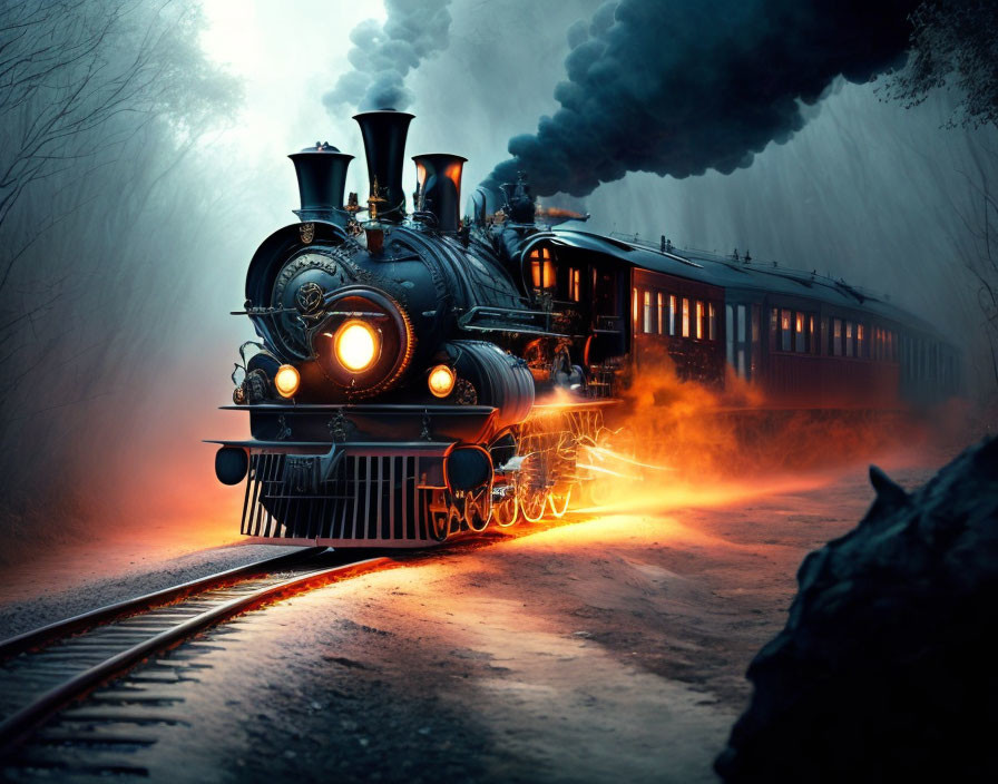 Vintage steam locomotive in misty forest at dusk