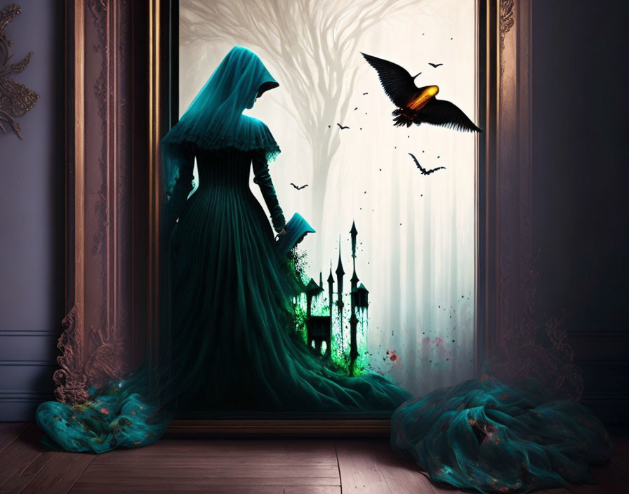 Mystical figure in teal dress before gothic castle window