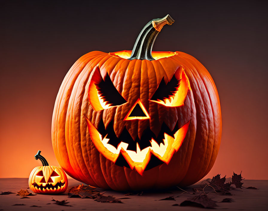 Menacing face carved pumpkin with glowing interior next to smaller pumpkin and autumn leaves on orange backdrop