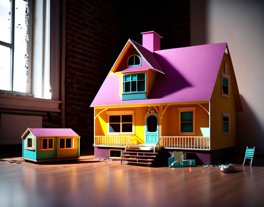 Colorful miniature house with pink walls and yellow front in room with wooden flooring