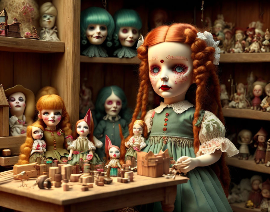 Red-Haired Doll with Face Paint Among Vintage Doll Collection