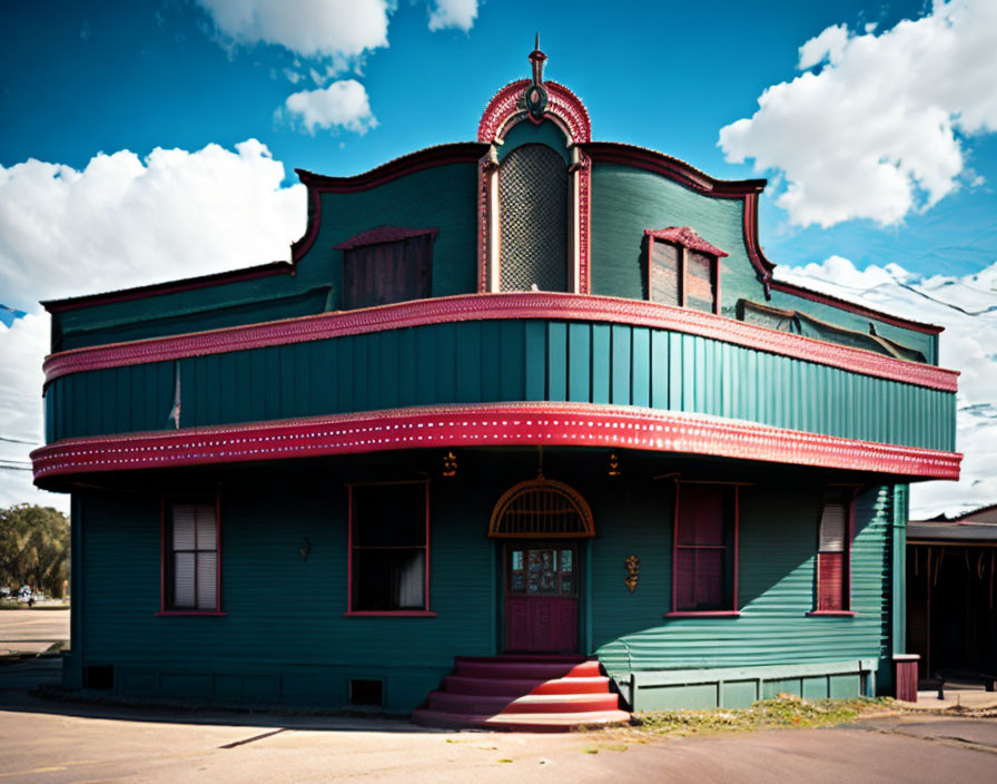 Vintage-style teal building with red accents and ornate decorations