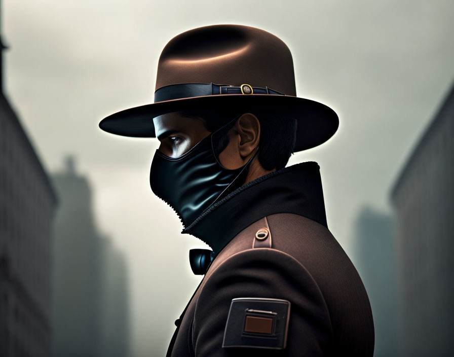 Mysterious person in trench coat and mask in foggy cityscape