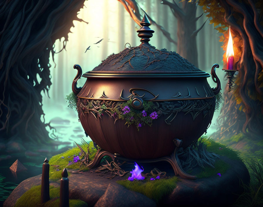 Intricately designed mystical cauldron in magical forest with candles