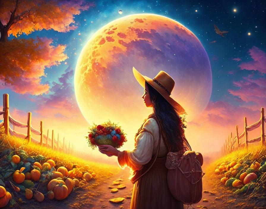 Woman in hat admiring bouquet in pumpkin patch under starry sky with rising moon and comet