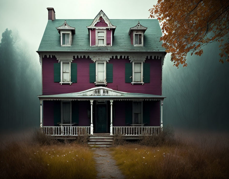 Victorian-style purple house in misty autumn forest setting