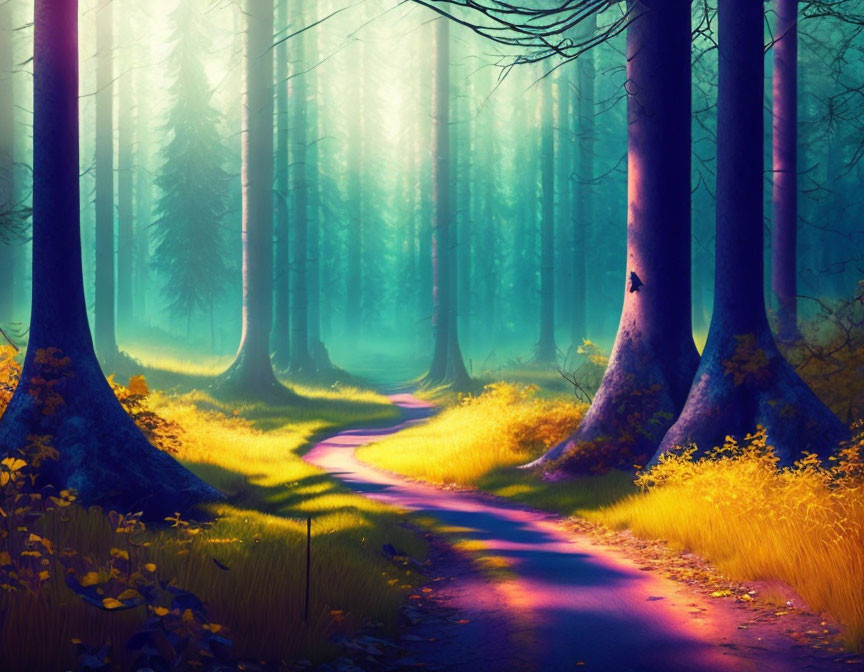 Scenic Forest Path with Sunlight Filtering Through Trees