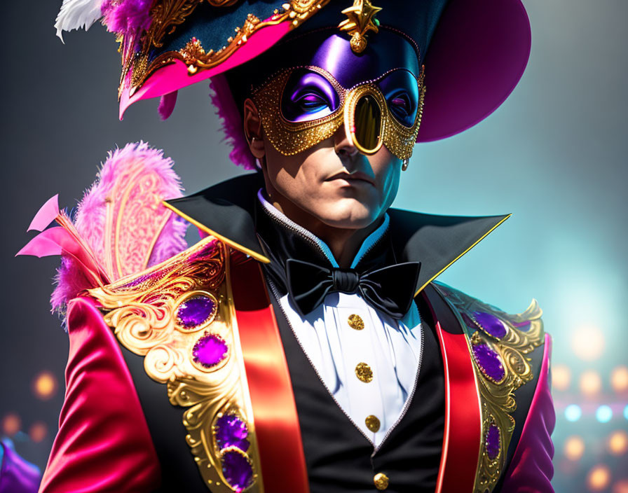 Colorful masquerade costume with feathered hat and golden mask in festive setting