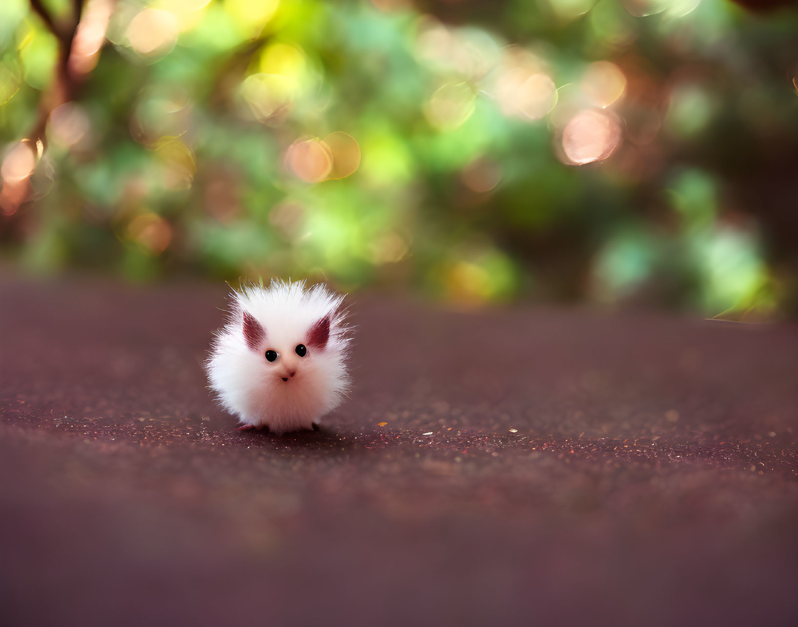 Fluffy white toy with black eyes on textured ground against green bokeh.