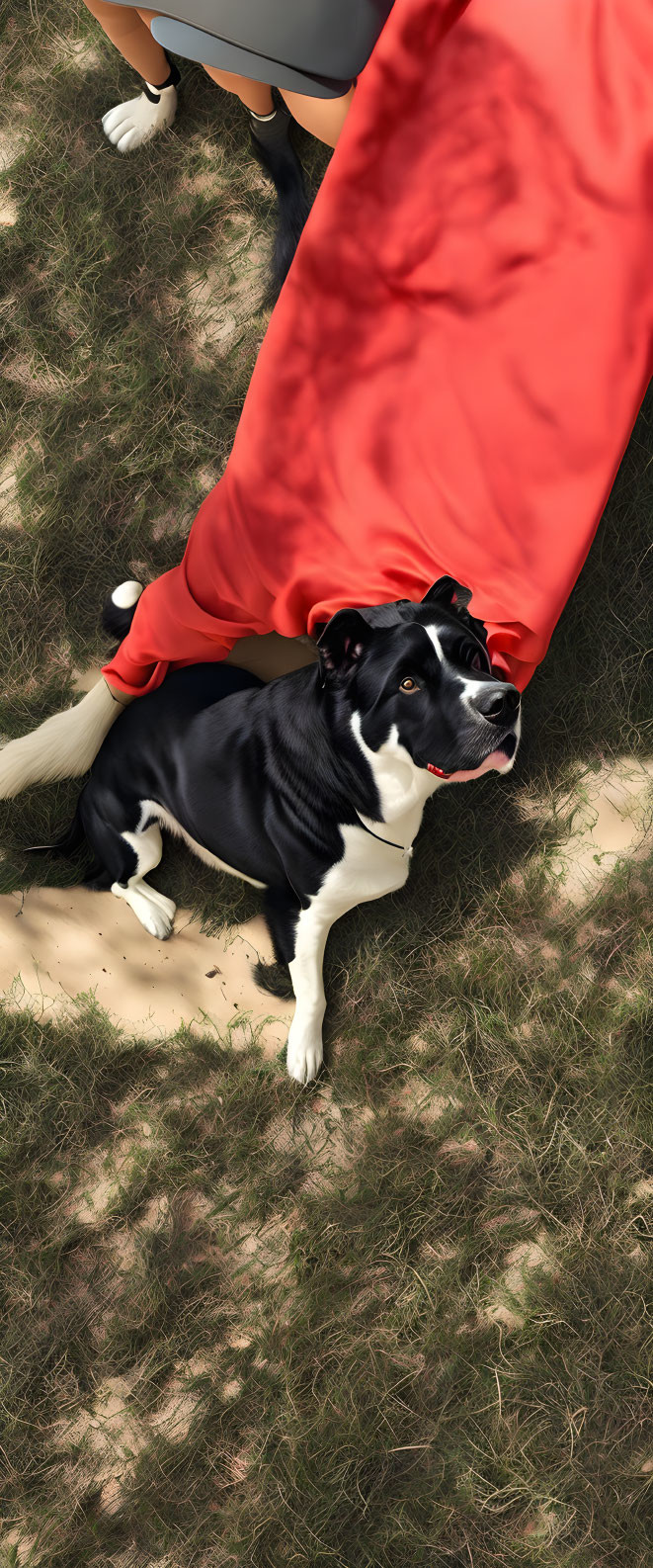 Black and white dog with intense gaze on sandy ground under red fabric held by person in gray skirt