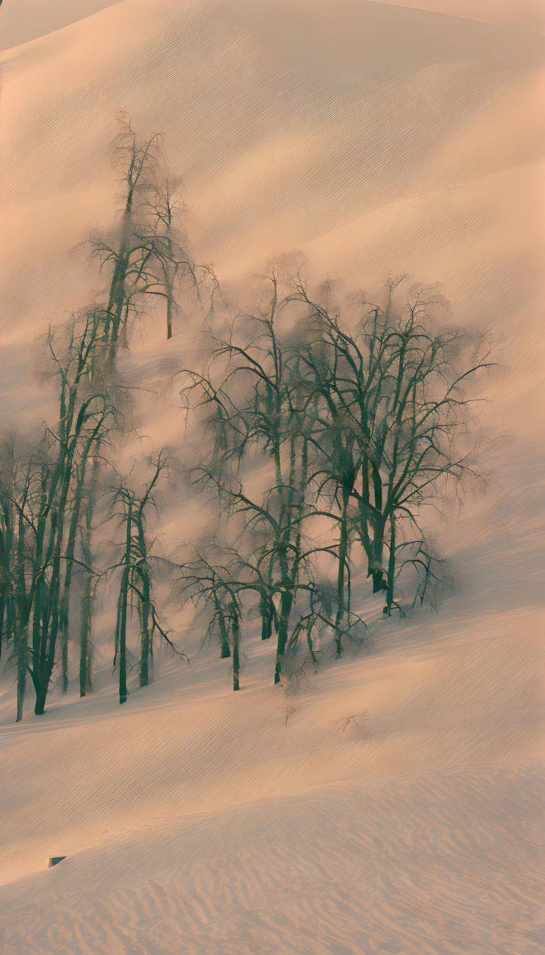 Snow-covered slopes with barren trees casting long shadows