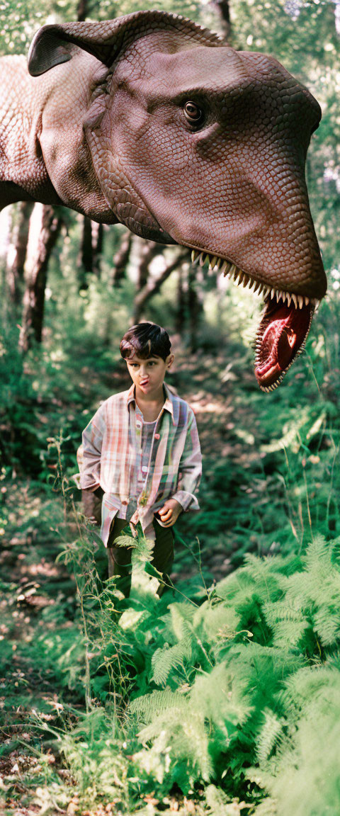 Boy in plaid shirt surprised by dinosaur head in the woods