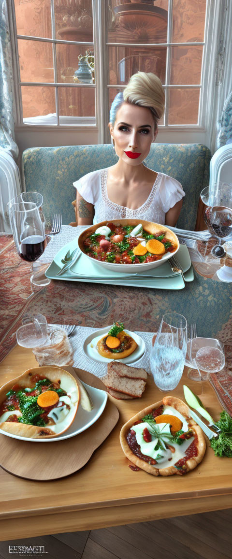 Woman at elegant dining table with gourmet dishes and drinks