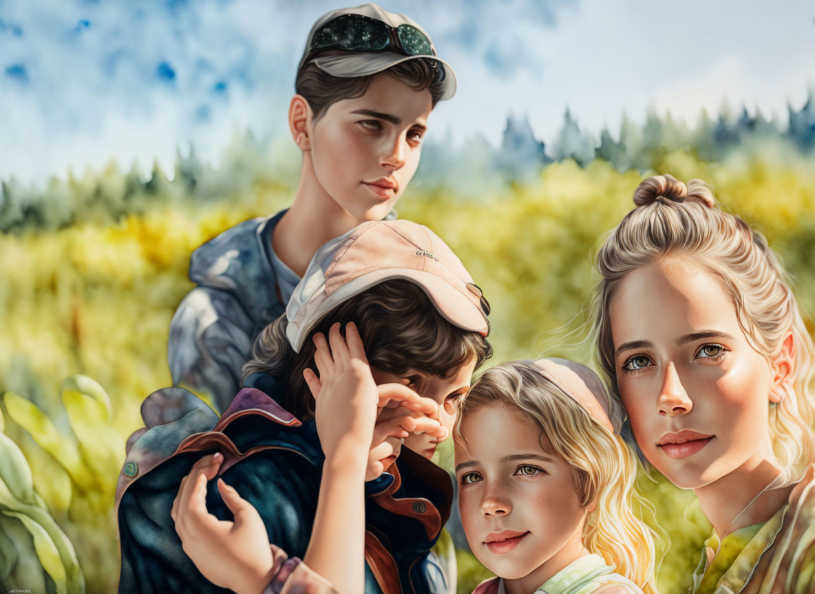 Family of Four Outdoors Illustration with Green Foliage