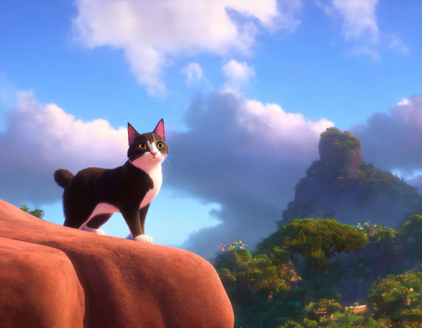 Black and white animated cat on rock with green scenery