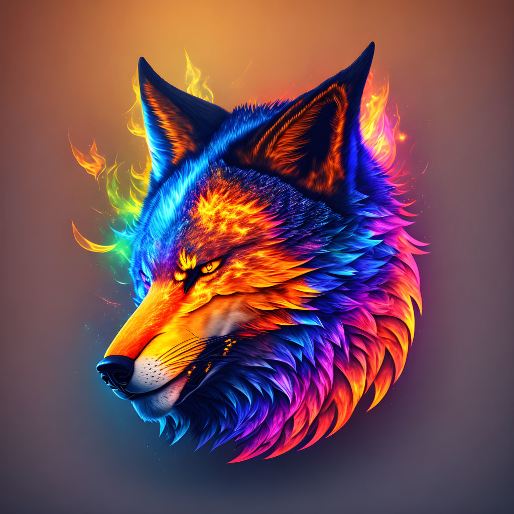 Fiery wolf digital art with multicolored fur coat on warm gradient.